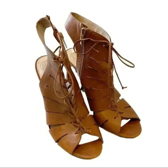 Vince Camuto Estie Leather Ankle Booties Peep Toe Heeled Lace Up Tan Brown 10 - Picture 4 of 14